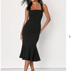 Moment Maker Black Square Neck Trumpet Midi Dress